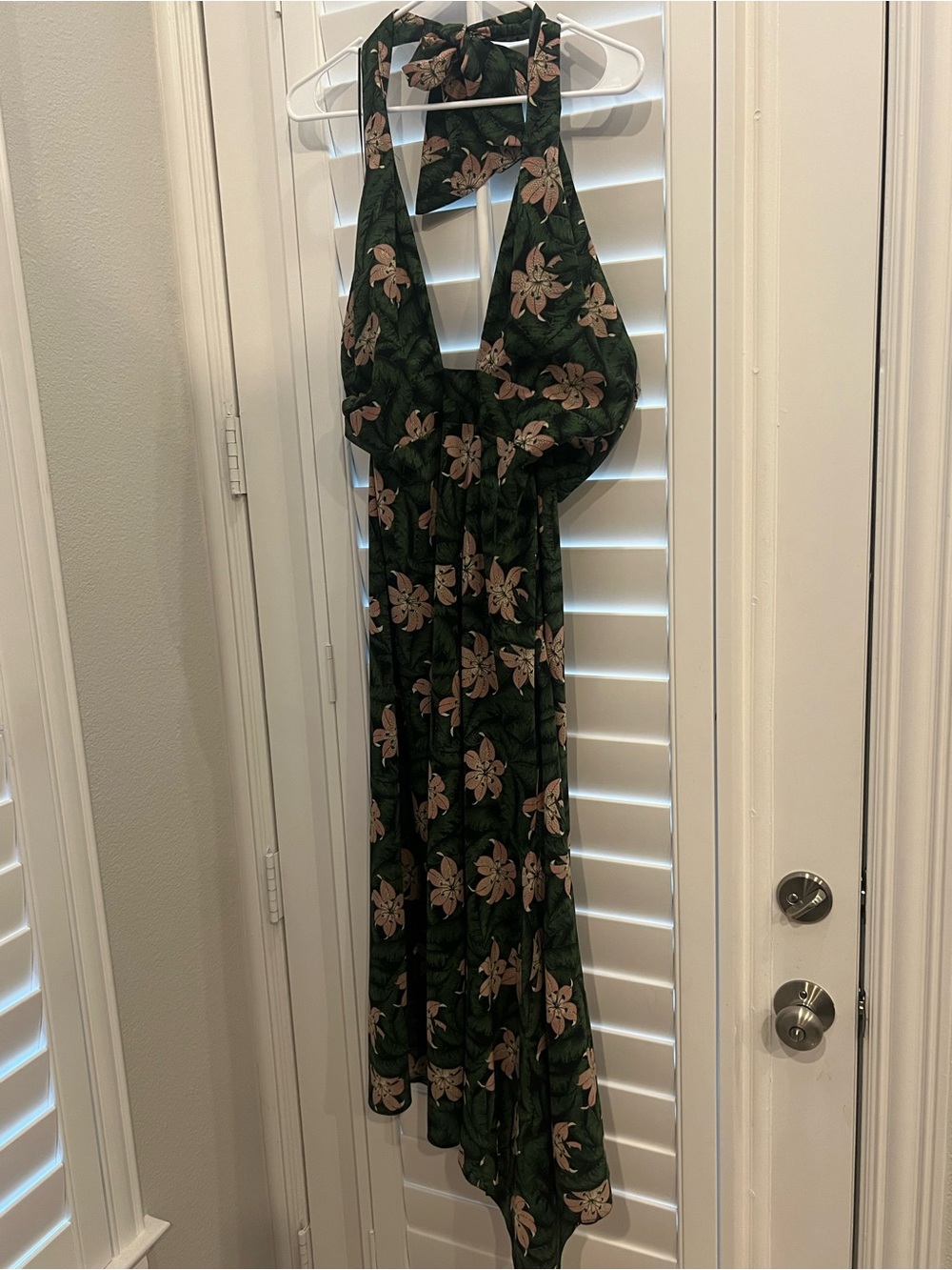 Topshop Dark Green Floral Halter Maxi Dress with Pink Blossoms